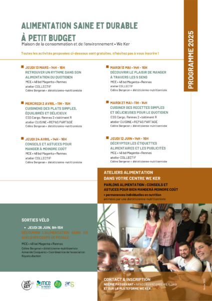 Flyer présentant le programme 2025 des ateliers de sensibilisation à l'alimentation durable des jeunes accompagnés par We Ker